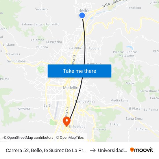 Carrera 52, Bello, Ie Suárez De La Presentación to Universidad Eafit map