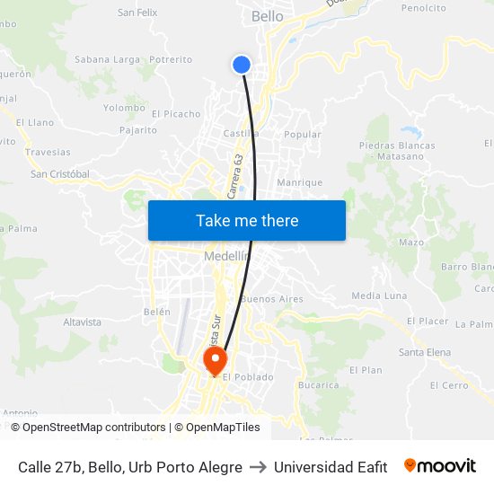 Calle 27b, Bello, Urb Porto Alegre to Universidad Eafit map
