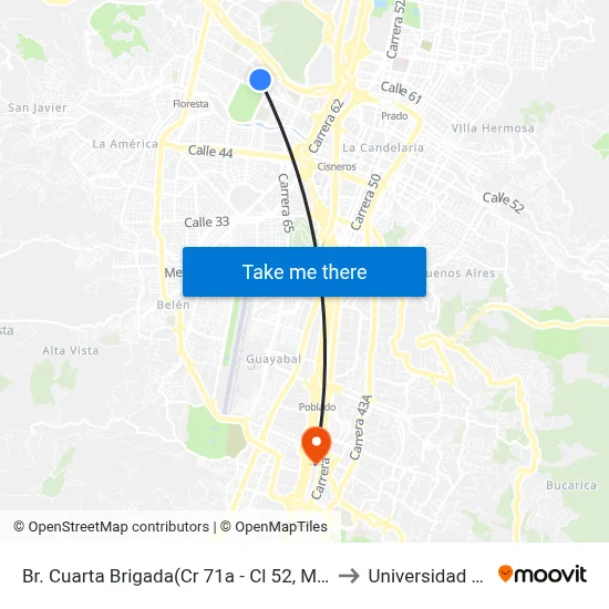 Br. Cuarta Brigada(Cr 71a - Cl 52, Medellín) to Universidad Eafit map