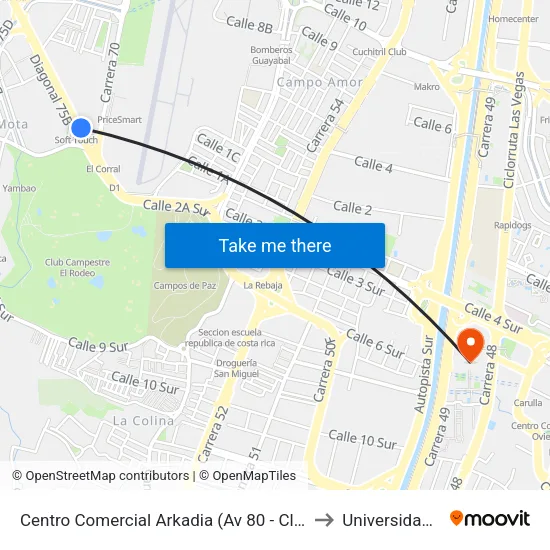 Centro Comercial Arkadia (Av 80 - Cl 1, Medellín) to Universidad Eafit map