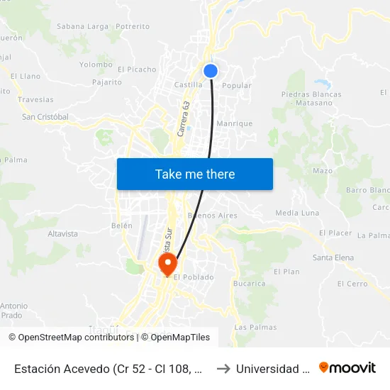 Estación Acevedo (Cr 52 - Cl 108, Medellín) to Universidad Eafit map