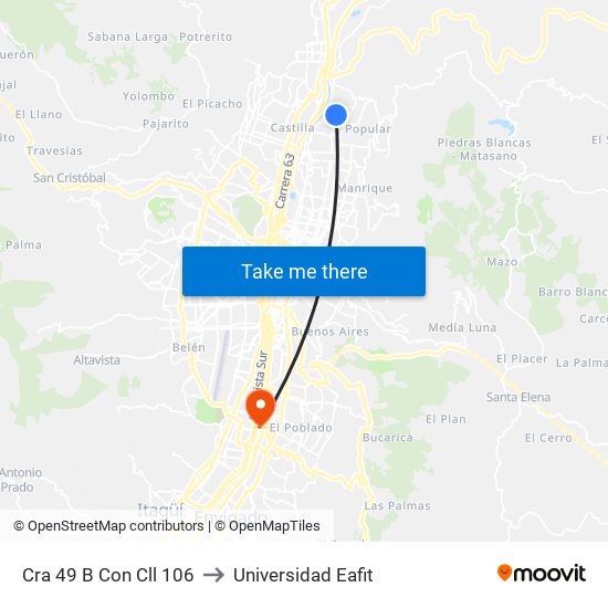 Cra 49 B Con Cll 106 to Universidad Eafit map