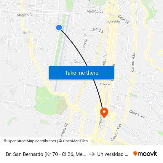 Br. San Bernardo (Kr 70 - Cl 26, Medellín) to Universidad Eafit map