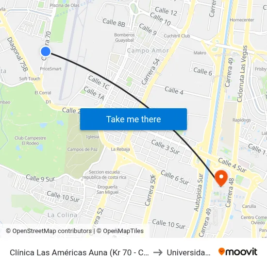 Clínica Las Américas Auna (Kr 70 - Cl 2, Medellín) to Universidad Eafit map