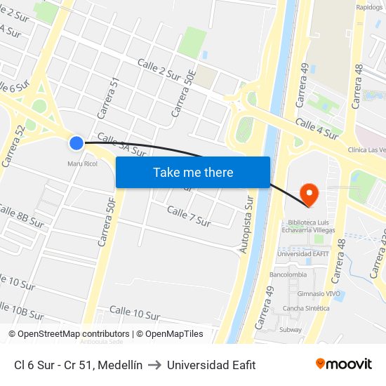Cl 6 Sur - Cr 51, Medellín to Universidad Eafit map