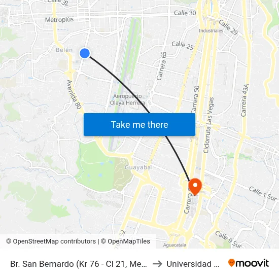 Br. San Bernardo (Kr 76 - Cl 21, Medellín) to Universidad Eafit map