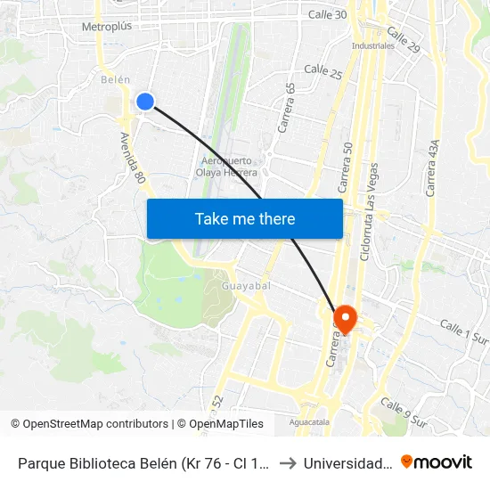 Parque Biblioteca Belén (Kr 76 - Cl 19, Medellín) to Universidad Eafit map
