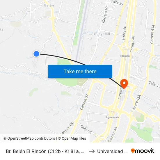 Br. Belén El Rincón (Cl 2b - Kr 81a, Medellín) to Universidad Eafit map