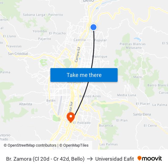 Br. Zamora (Cl 20d - Cr 42d, Bello) to Universidad Eafit map