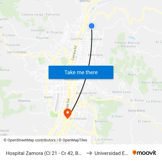 Hospital Zamora (Cl 21 - Cr 42, Bello) to Universidad Eafit map