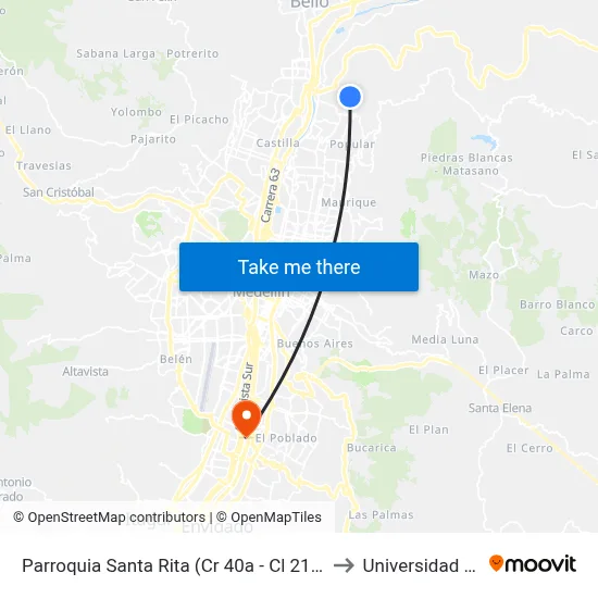 Parroquia Santa Rita (Cr 40a - Cl 21c, Bello) to Universidad Eafit map