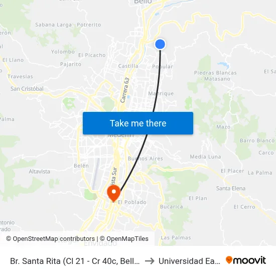 Br. Santa Rita (Cl 21 - Cr 40c, Bello) to Universidad Eafit map