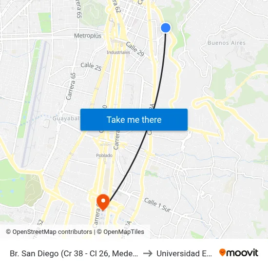 Br. San Diego (Cr 38 - Cl 26, Medellín) to Universidad Eafit map