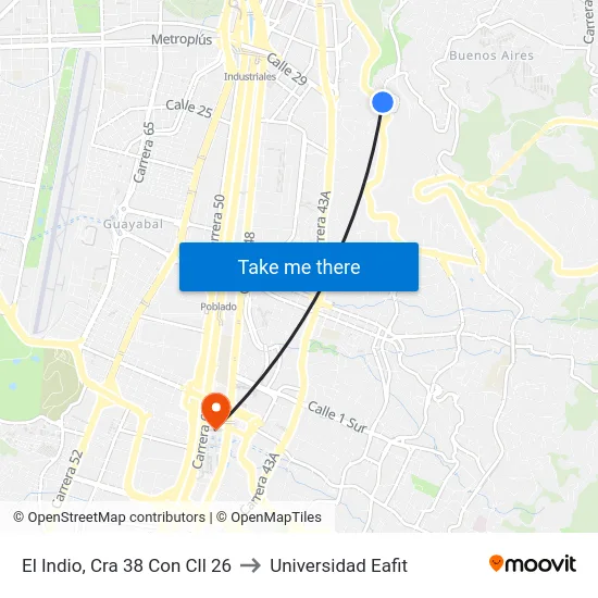 El Indio, Cra 38 Con Cll 26 to Universidad Eafit map