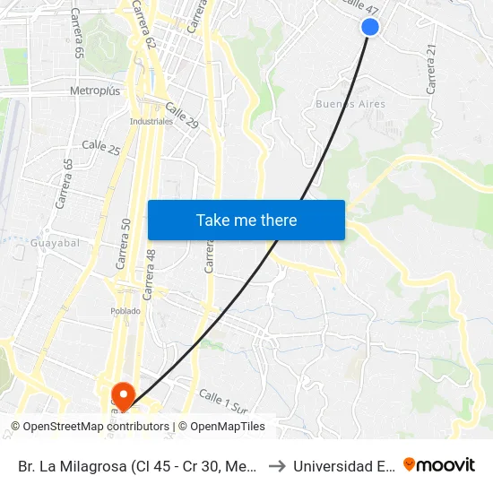 Br. La Milagrosa (Cl 45 - Cr 30, Medellín) to Universidad Eafit map
