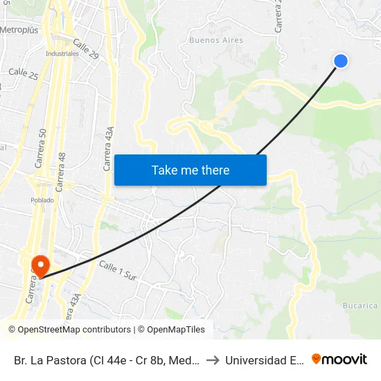 Br. La Pastora (Cl 44e - Cr 8b, Medellín) to Universidad Eafit map