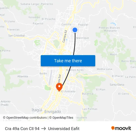 Cra 49a Con Cll 94 to Universidad Eafit map