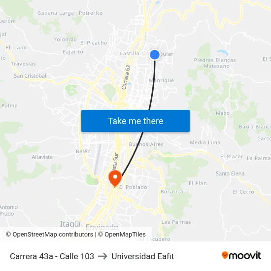 Carrera 43a - Calle 103 to Universidad Eafit map