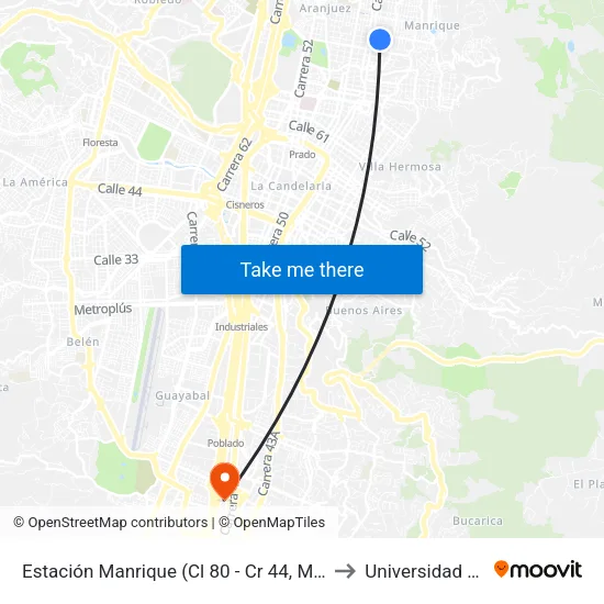 Estación Manrique (Cl 80 - Cr 44, Medellín) to Universidad Eafit map