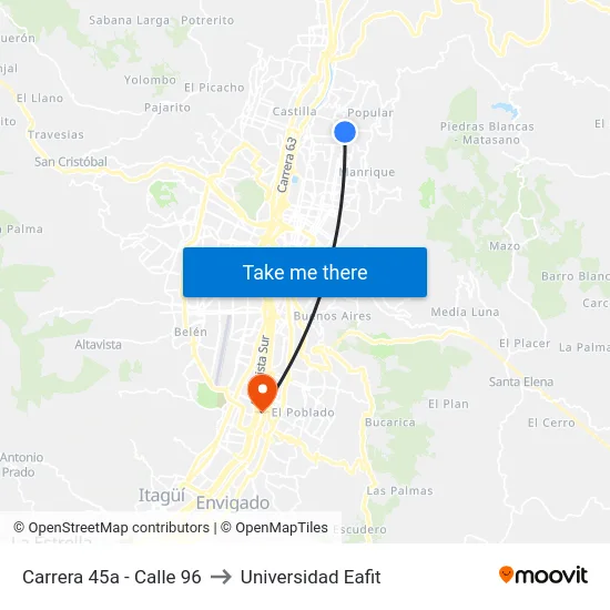 Carrera 45a - Calle 96 to Universidad Eafit map