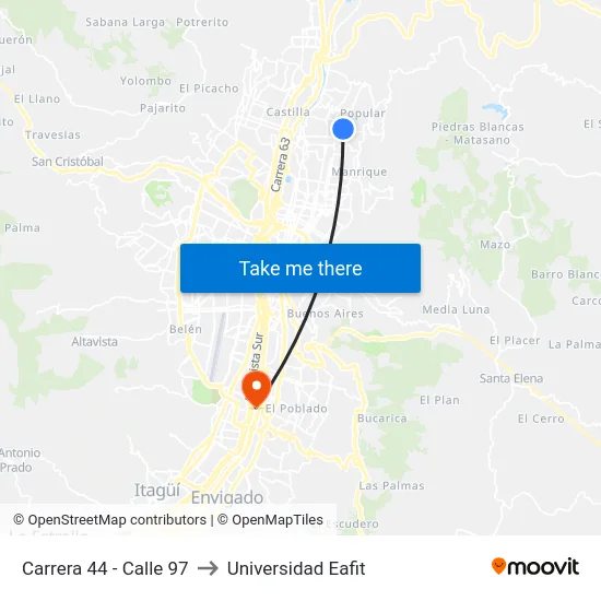 Carrera 44 - Calle 97 to Universidad Eafit map