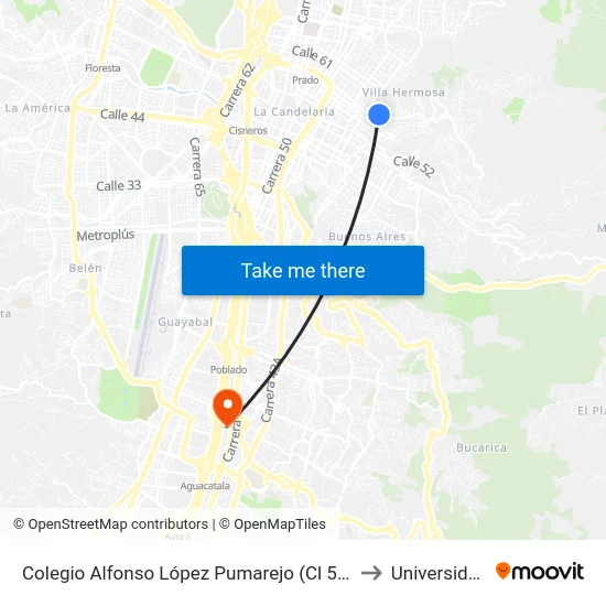 Colegio Alfonso López Pumarejo (Cl 58 - Cr 36a, Medellín) to Universidad Eafit map
