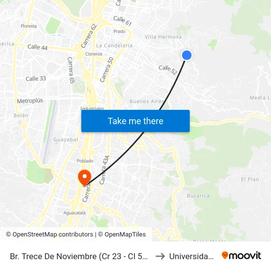 Br. Trece De Noviembre (Cr 23 - Cl 56fh, Medellín) to Universidad Eafit map