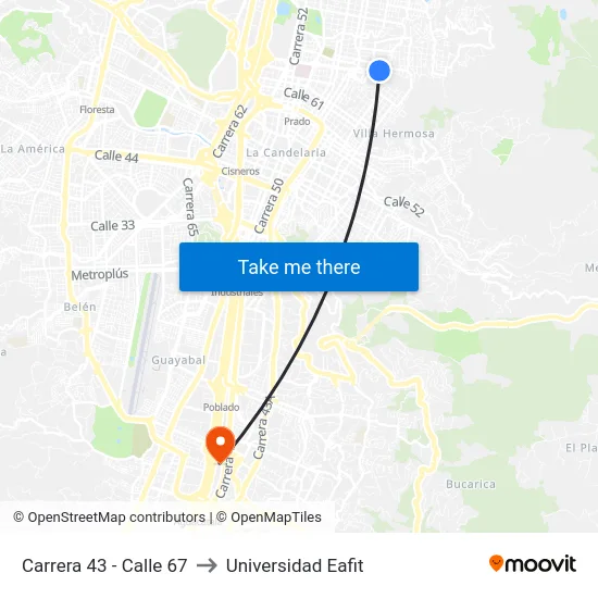 Carrera 43 - Calle 67 to Universidad Eafit map