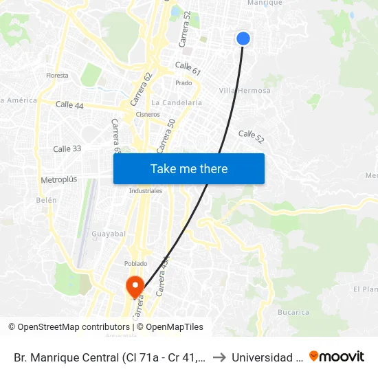 Br. Manrique Central (Cl 71a - Cr 41, Medellín) to Universidad Eafit map