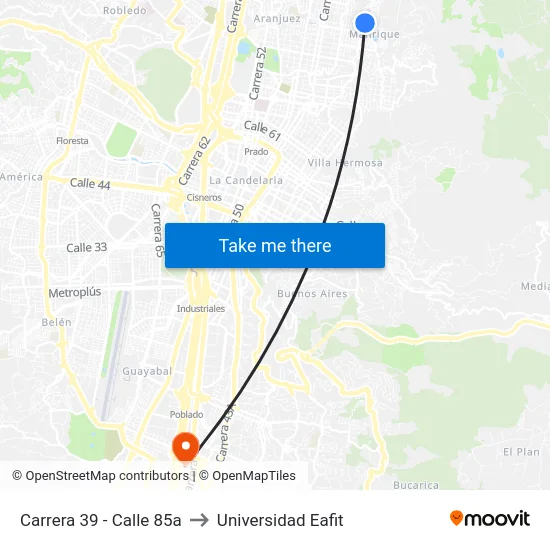 Carrera 39 - Calle 85a to Universidad Eafit map