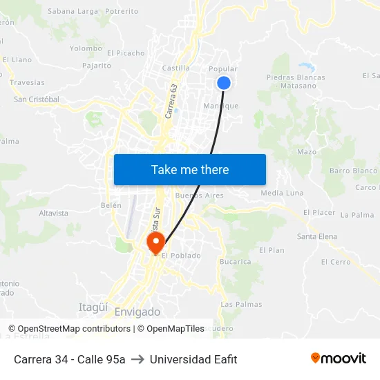 Carrera 34 - Calle 95a to Universidad Eafit map