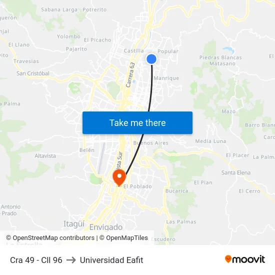 Cra 49 - Cll 96 to Universidad Eafit map