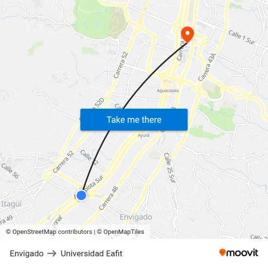 Envigado to Universidad Eafit map