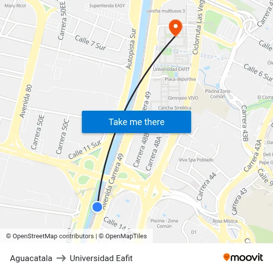 Aguacatala to Universidad Eafit map