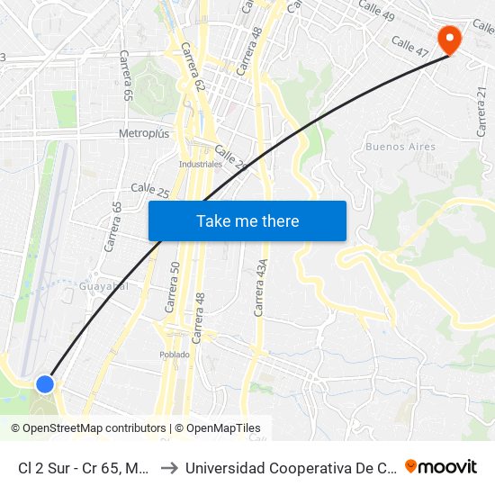 Cl 2 Sur - Cr 65, Medellín to Universidad Cooperativa De Colombia map