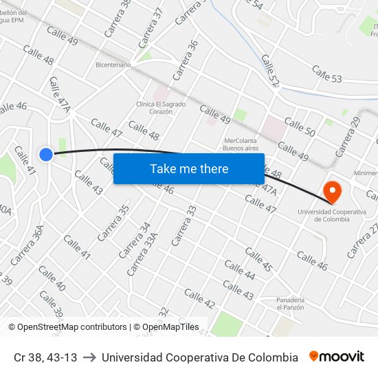 Cr 38, 43-13 to Universidad Cooperativa De Colombia map