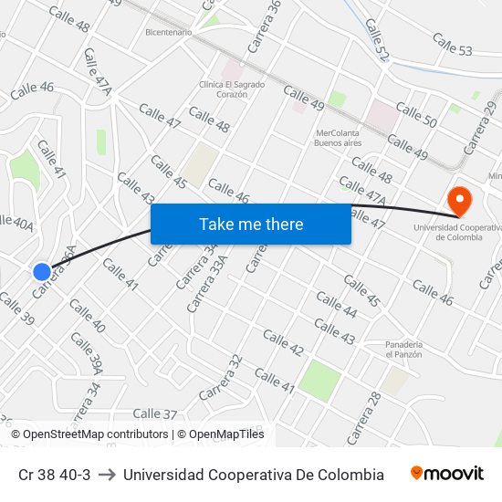 Cr 38 40-3 to Universidad Cooperativa De Colombia map