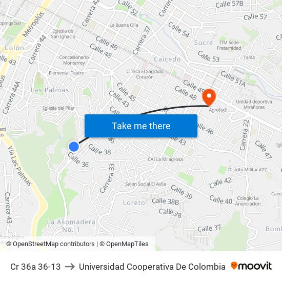 Cr 36a 36-13 to Universidad Cooperativa De Colombia map