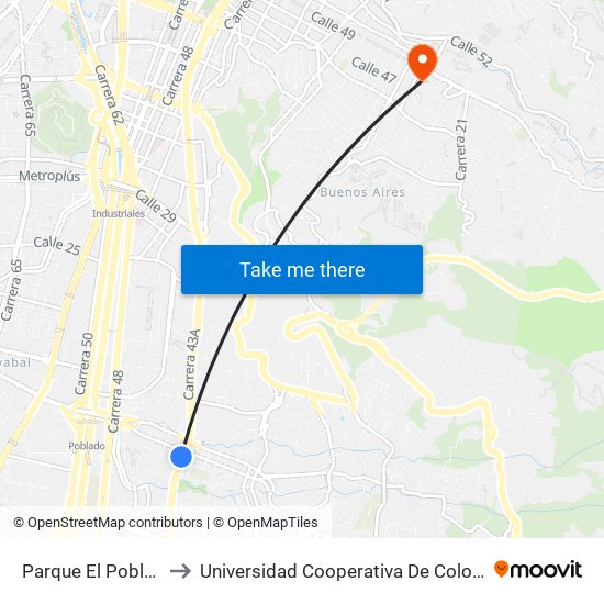 Parque El Poblado to Universidad Cooperativa De Colombia map