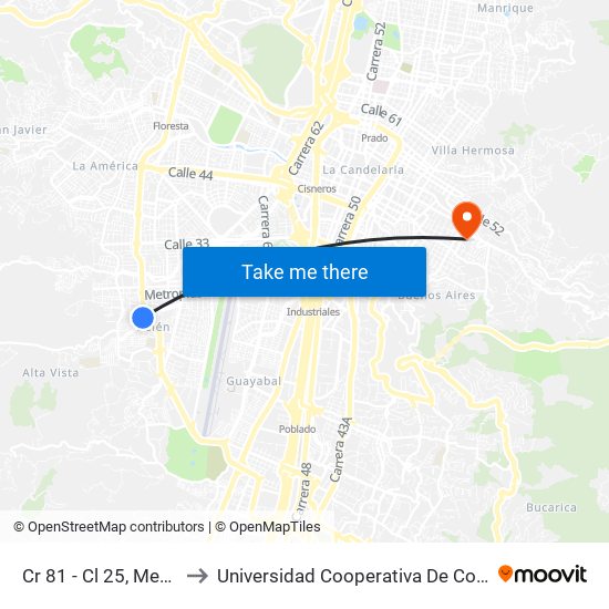 Cr 81 - Cl 25, Medellín to Universidad Cooperativa De Colombia map