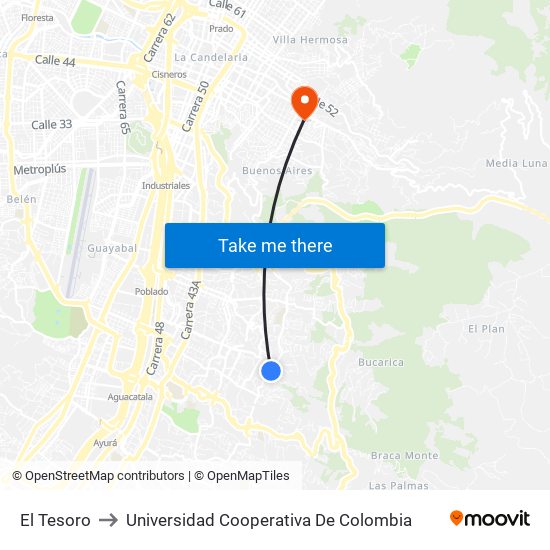 El Tesoro to Universidad Cooperativa De Colombia map