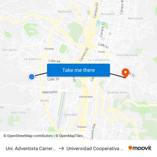 Uni. Adventista Carrera 84, 3337 to Universidad Cooperativa De Colombia map