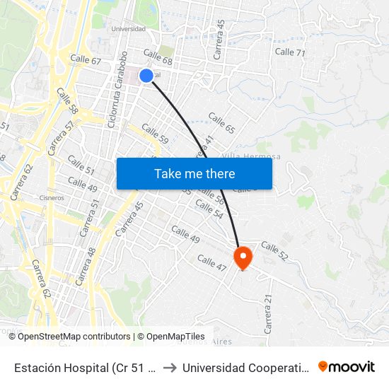 Estación Hospital (Cr 51 - Cl 65, Medellín) to Universidad Cooperativa De Colombia map