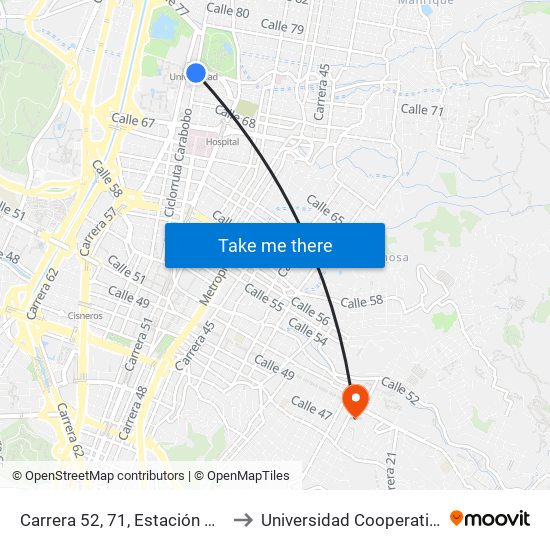 Carrera 52, 71, Estación Universidad Buses to Universidad Cooperativa De Colombia map