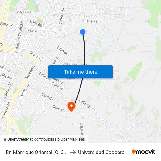 Br. Manrique Oriental (Cl 68 - Cr 36a, Medellín) to Universidad Cooperativa De Colombia map
