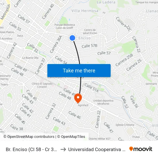 Br. Enciso (Cl 58 - Cr 32, Medellín) to Universidad Cooperativa De Colombia map