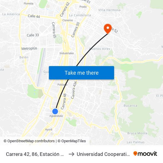 Carrera 42, 86, Estación Aguacatala Buses to Universidad Cooperativa De Colombia map