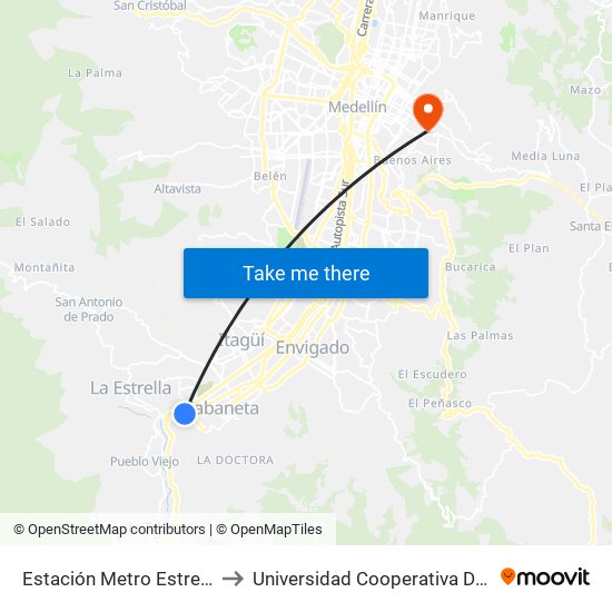 Estación Metro Estrella Buses to Universidad Cooperativa De Colombia map