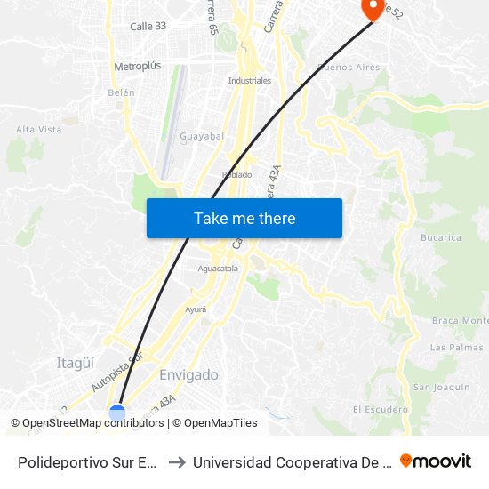 Polideportivo Sur Envigado to Universidad Cooperativa De Colombia map