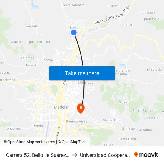 Carrera 52, Bello, Ie Suárez De La Presentación to Universidad Cooperativa De Colombia map